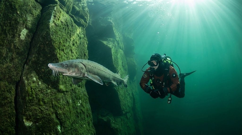 Plongeur sous-marin en combinaison étanche face à un grand esturgeon dans l'eau émeraude d'une carrière, avec des rayons de soleil perçant la surface.