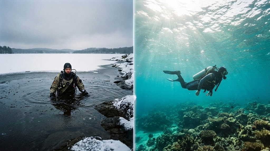 Photographie divisée illustrant le contraste des conditions de plongée : à gauche, un plongeur en combinaison étanche émerge d'un lac gelé sous un ciel gris ; à droite, un plongeur nage au-dessus d'un récif corallien coloré dans des eaux tropicales ensoleillées.