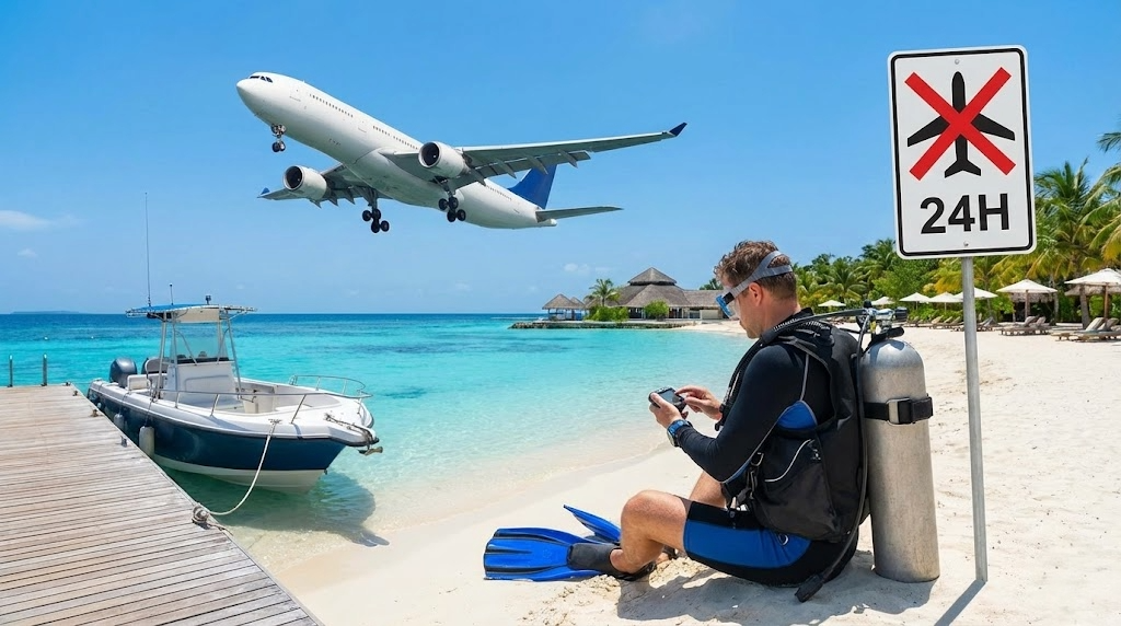 Plongeur équipé assis sur une plage de sable blanc observant un avion de ligne en phase d'approche, symbolisant l'attente nécessaire avant l'immersion.