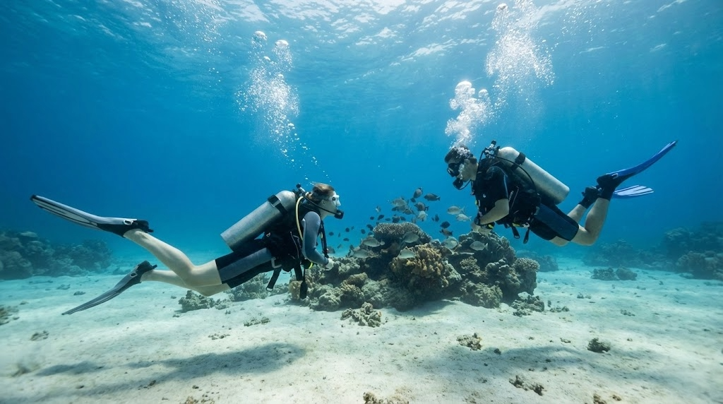 Comparaison sous-marine de deux plongeurs : celui de gauche présente une posture détendue et économe en air, tandis que celui de droite montre des signes de tension et une consommation plus élevée.