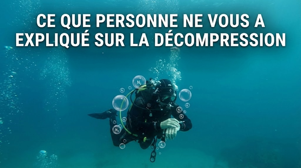 Plongeur sous-marin observant son ordinateur de plongée avec des illustrations de bulles d'azote symbolisant la saturation des tissus.