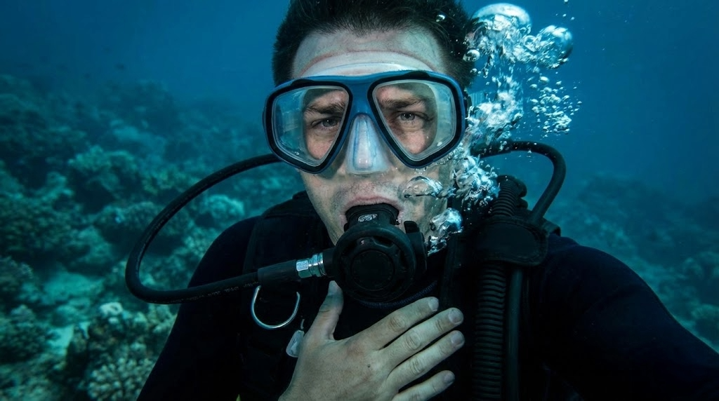 Gros plan sur un plongeur sous-marin en situation de détresse respiratoire, la main sur le thorax, illustrant un début d'essoufflement.